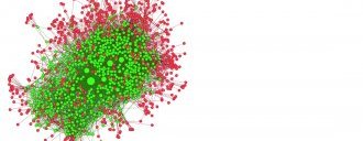 Red and green network drawing of the NREL's Materials Flow through business recipe database, in which outlines and dots resemble the relationship from 1 product to some other.